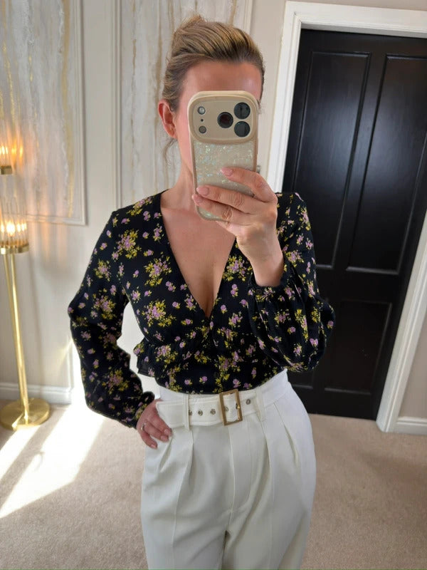 Zara Black Floral Print Frill Blouse XS