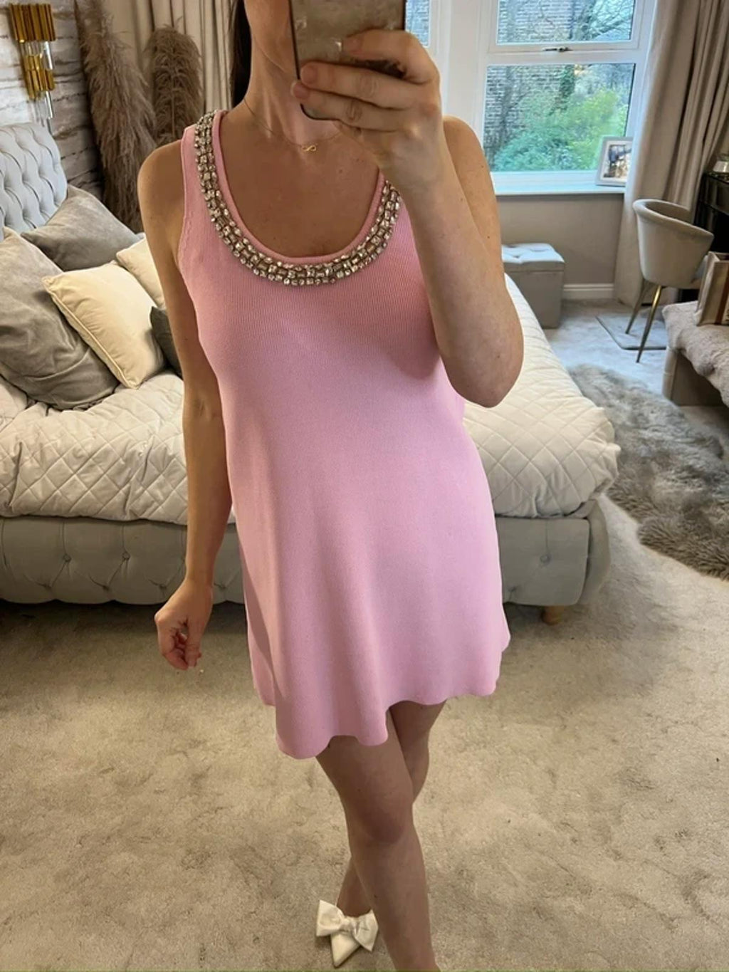 Zara Pink Knitted Embellished Mini Dress Small