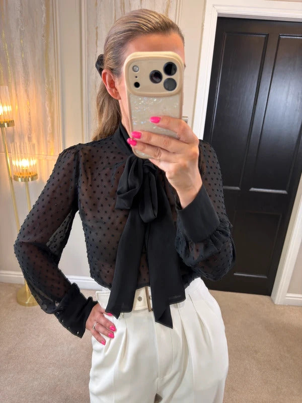 Altuzarra Black Sheer Dobby Bow Blouse Size XS