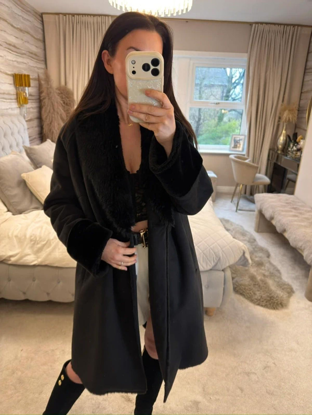 Jigsaw Black Faux Fur Coat Medium