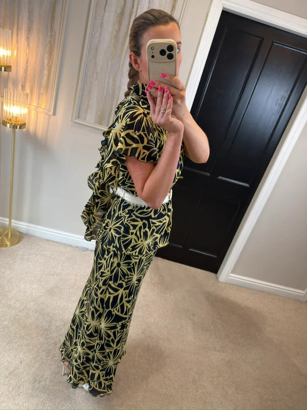 Vintage Roman Black & Butter Yellow Floral Frill Dress