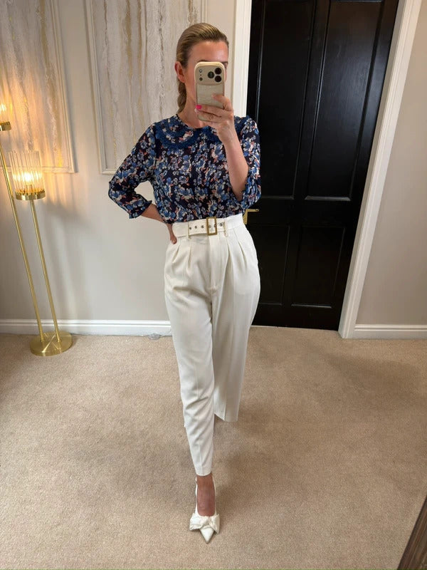 River Island Semi Sheer Blue Floral Lace Collared Blouse 12
