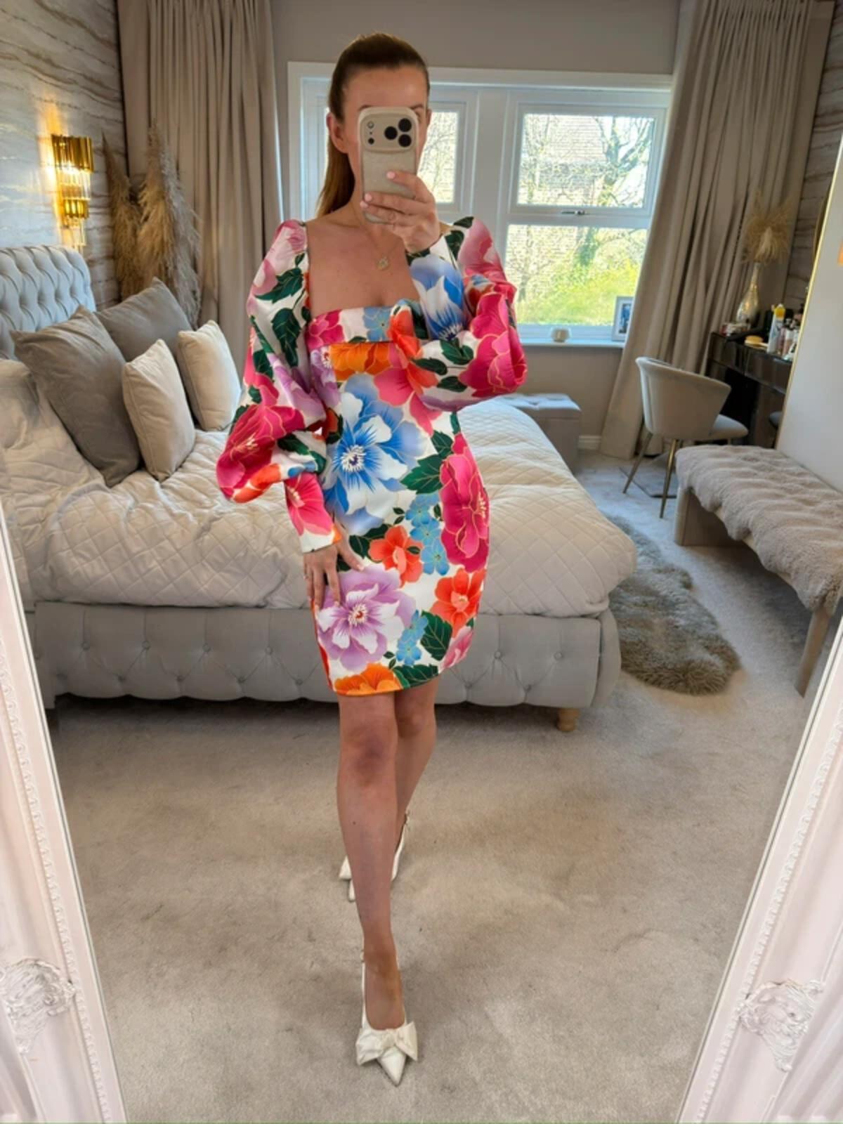 ASOS Luxe Multicoloured Floral Open Back Puff Sleeve Dress 8