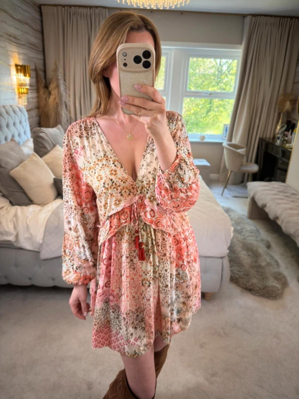 Zara Cream & Pink Boho Mini Dress Small