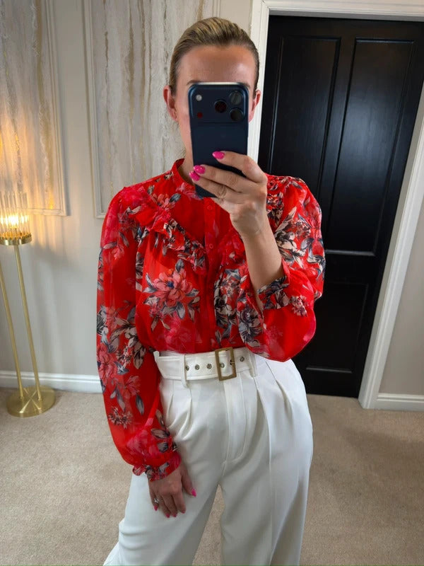 French Connection Red Sheer Floral Frill Blouse 10