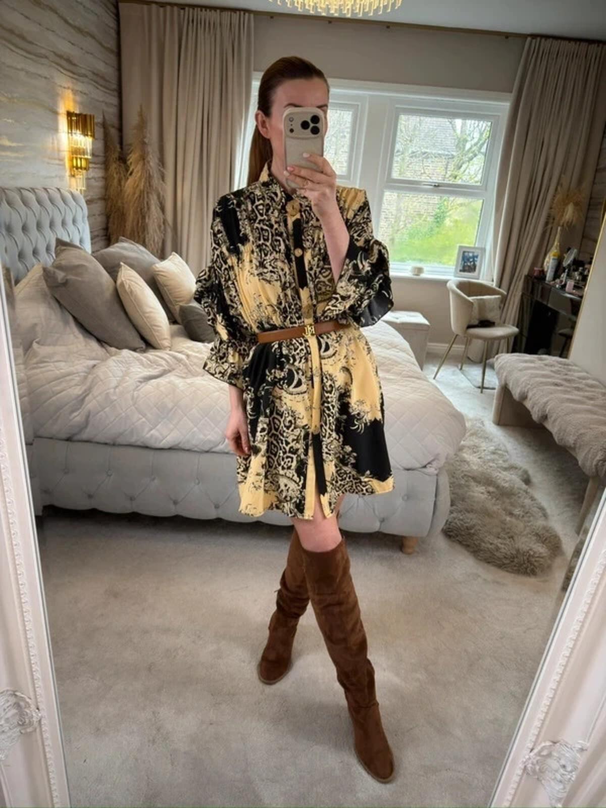 Cherry Koko Cream & Black Animal Print Shirt Dress S/M