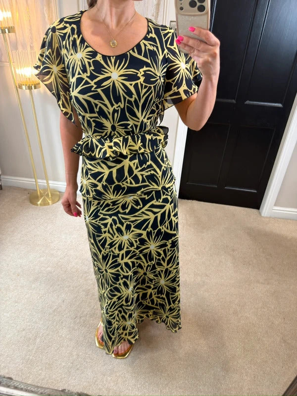 Vintage Roman Black & Butter Yellow Floral Frill Dress