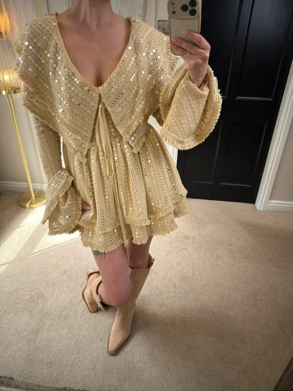 Gypsabella Beige / Gold Portia Boho Embellished Dress Small