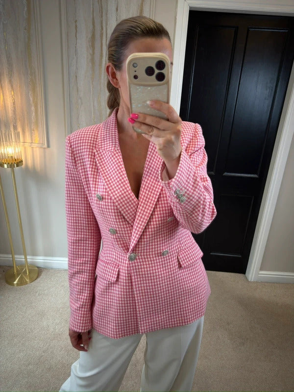 Zara Pink & White Gingham Blazer Small