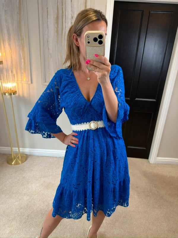 Boutique Cobalt Blue Lace Frill Dress One Size