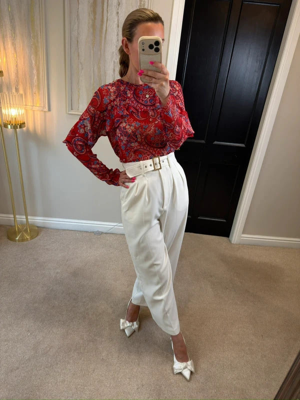 Papaya Red & Blue Sheer Paisley Frill Blouse 10