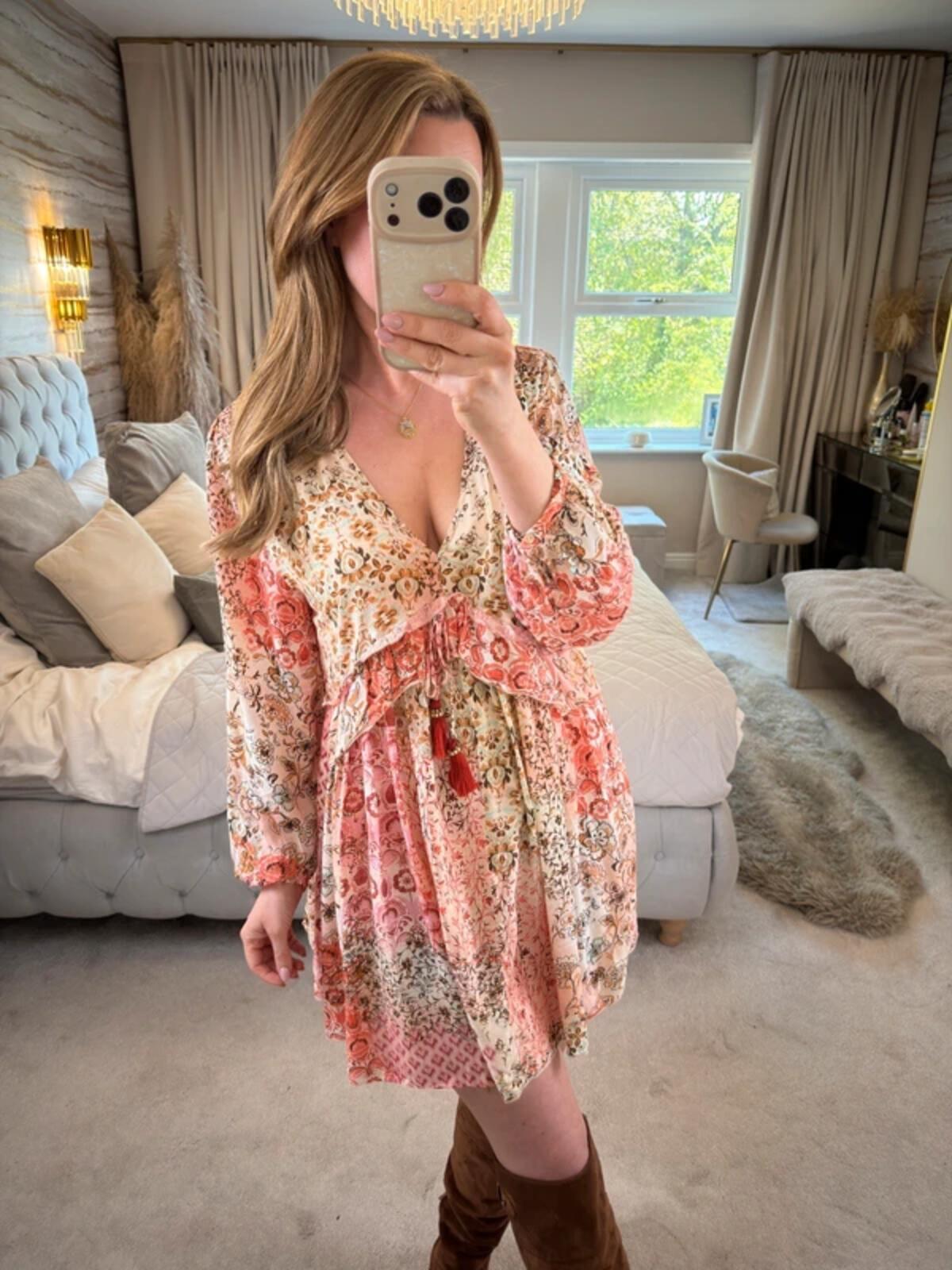 Zara Cream & Pink Boho Mini Dress Small