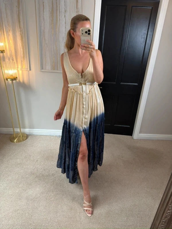 Gold & Silver Paris Beige & Navy Silver Sequin Maxi One Size