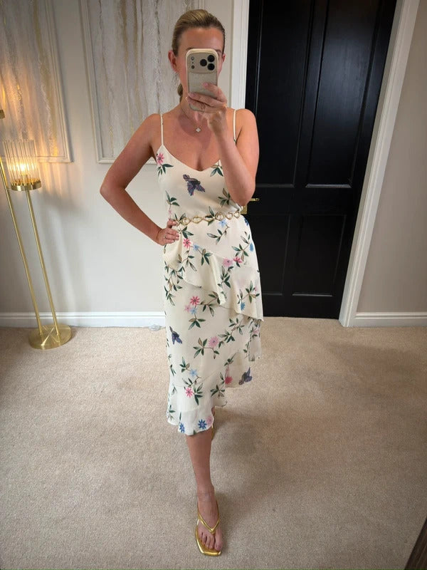 M&S White Floral & Bird Layered Midi Slip Dress 10
