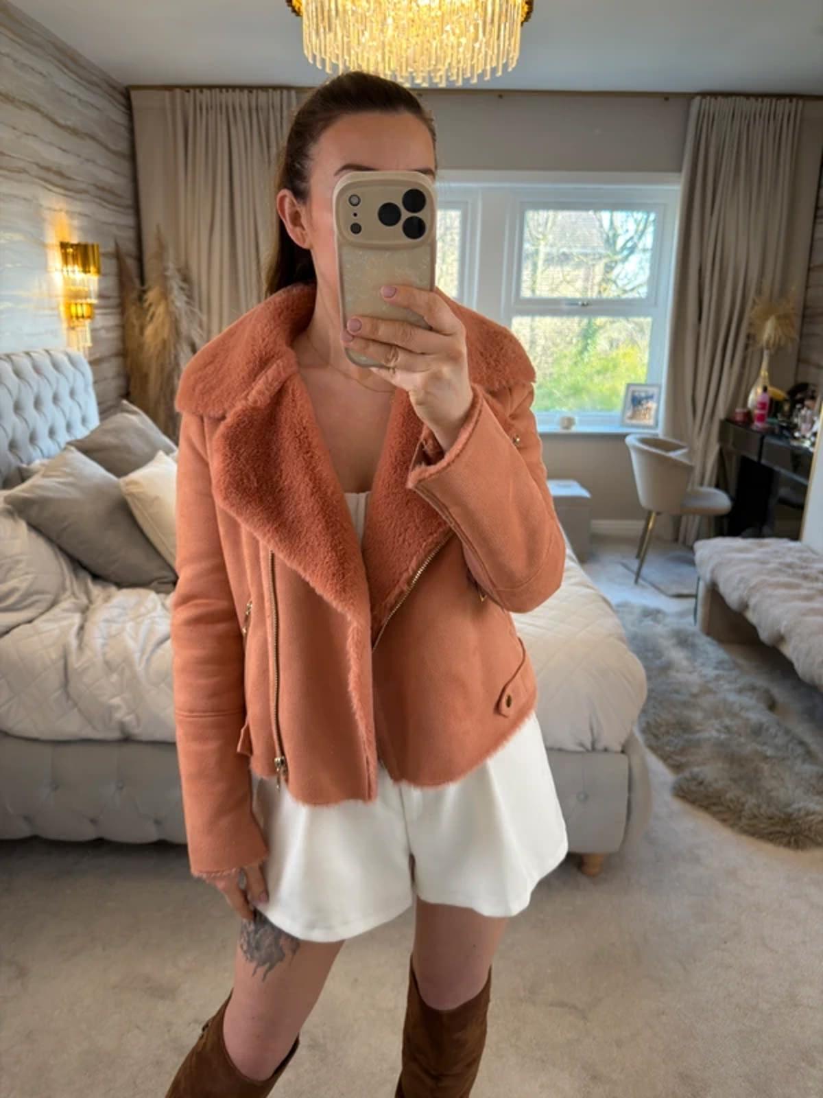 River Island Pink Faux Fur & Suede Biker Jacket 10