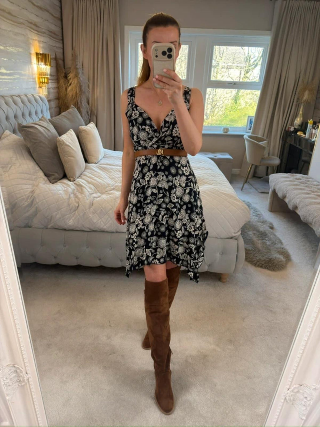 Apricot Navy Floral Asymmetrical Hem Dress 8