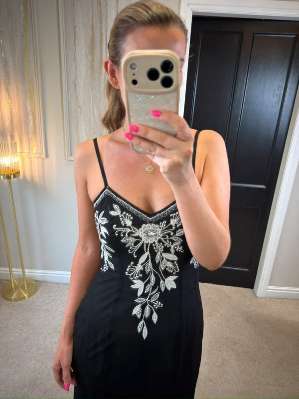 Wallis Black Embroidered & Embellished Midi Dress Size 8