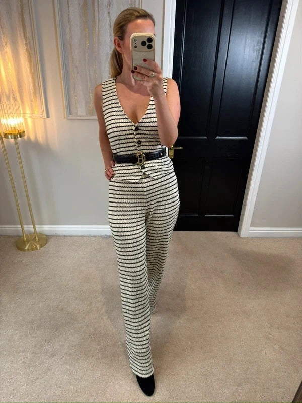 Mango Black & Cream Stripe Crochet Knitted Co Ord Set M/L