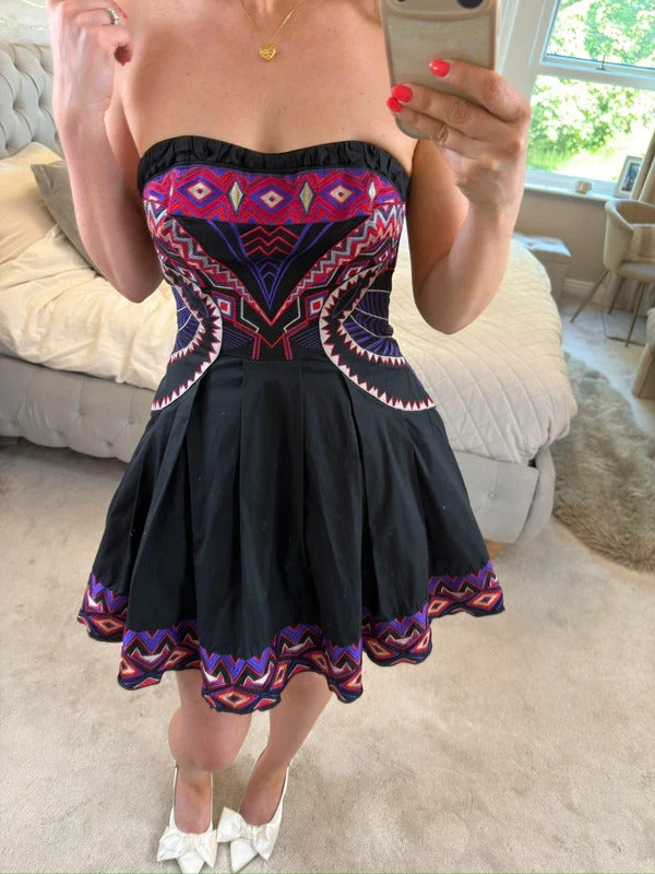 Karen Millen Black Aztek Embroidered Tulle Strapless Mini Dress XS
