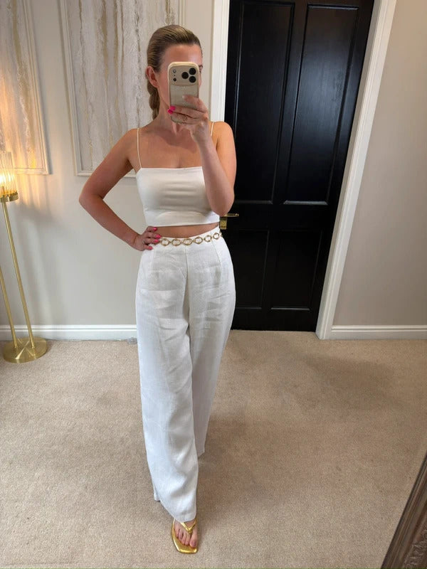 BNWT Beach City White Linen Wide Leg Trousers Large