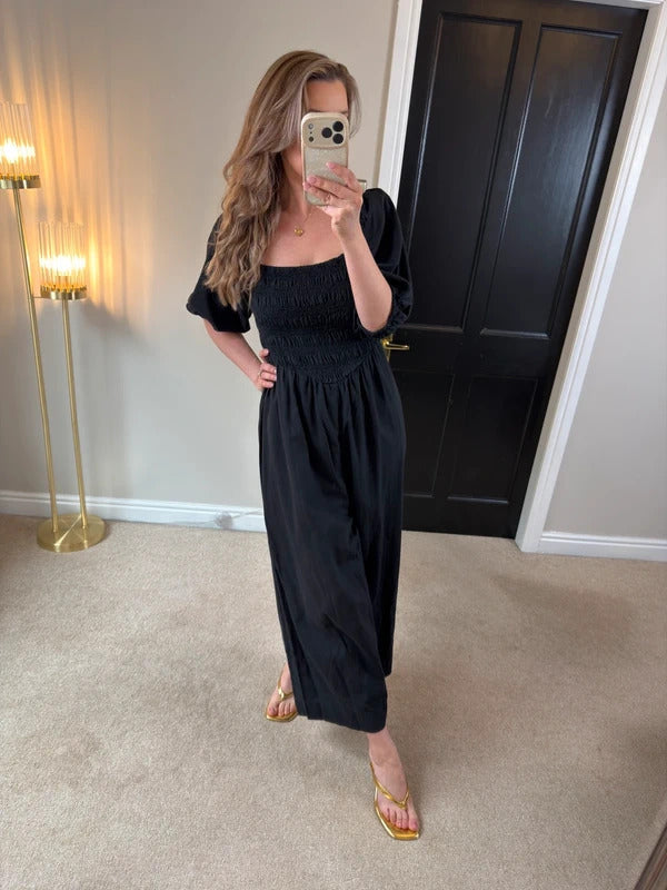 ASOS Navy Cotton & Linen Blend Wide Leg Cropped Jumpsuit 14/16