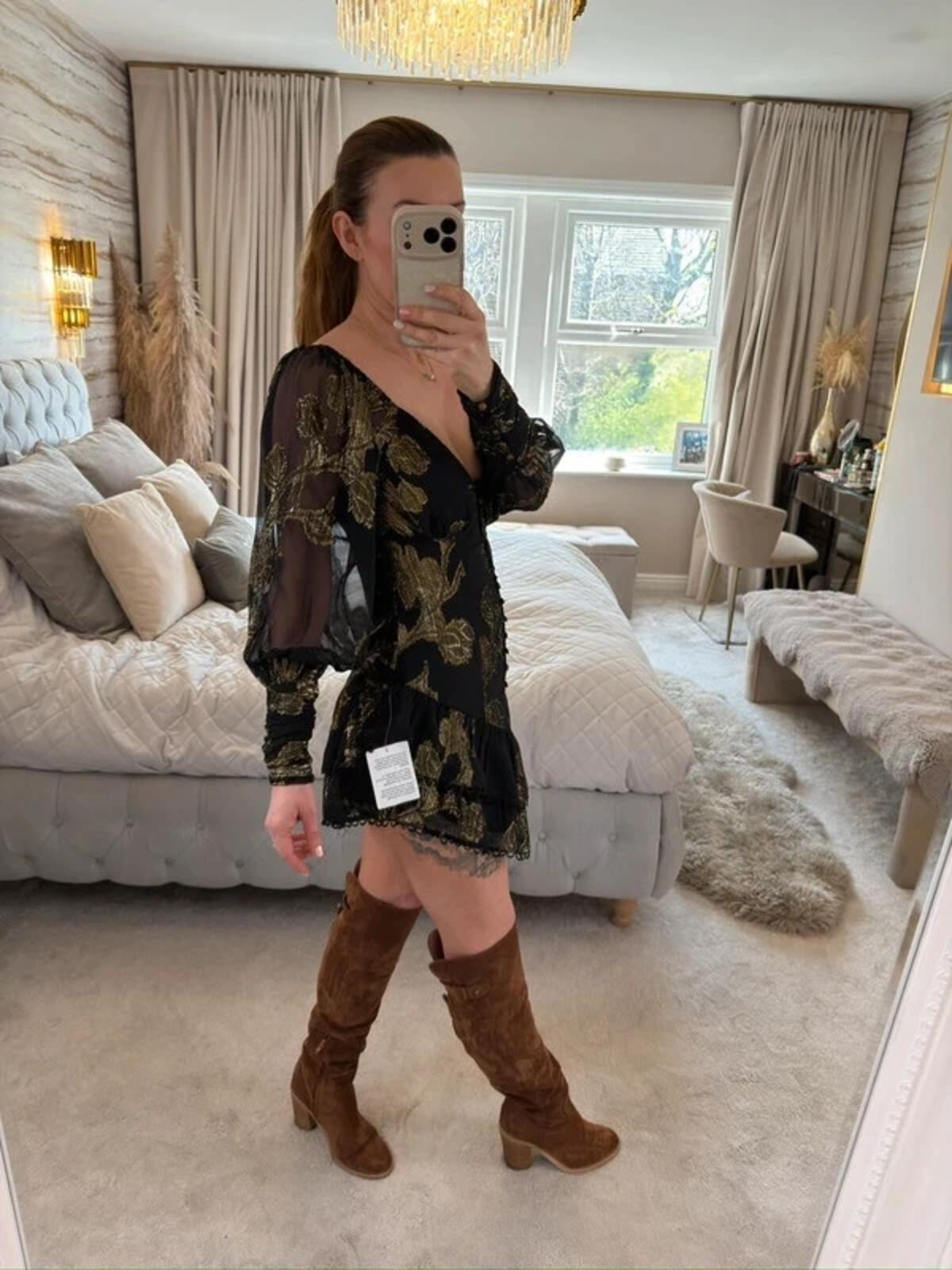 BNWT Black & Gold Frill Boho Mini Dress Petite 6