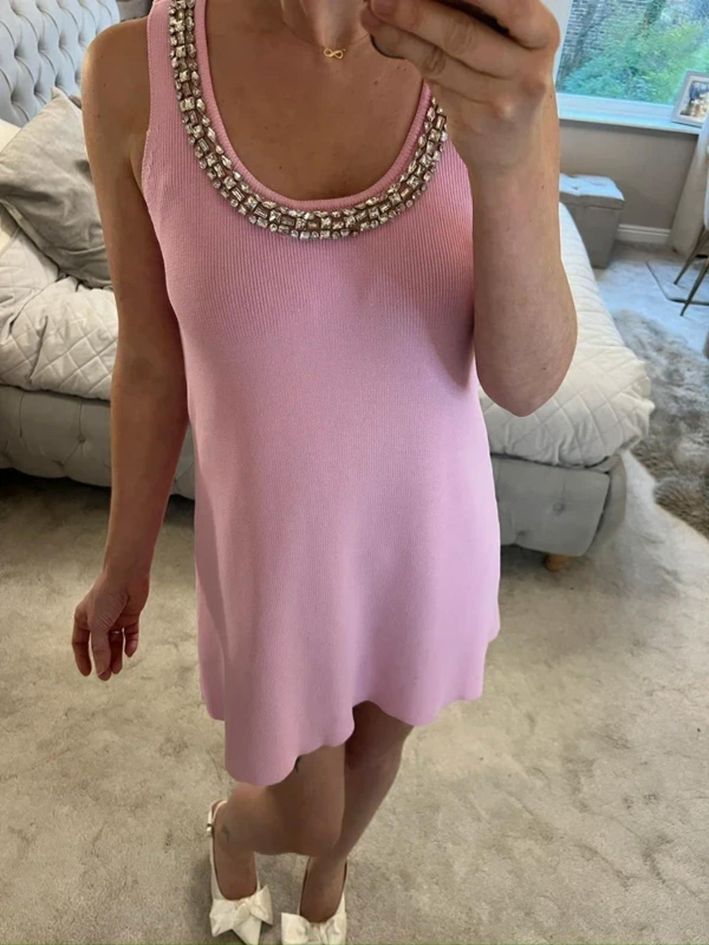Zara Pink Knitted Embellished Mini Dress Small