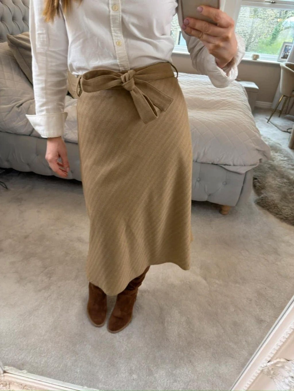 Vintage Hauber Beige Wool Blend Midi Skirt 14/16