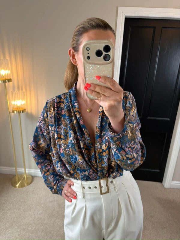 Sarah John Floral Plunge Blouse Size Medium