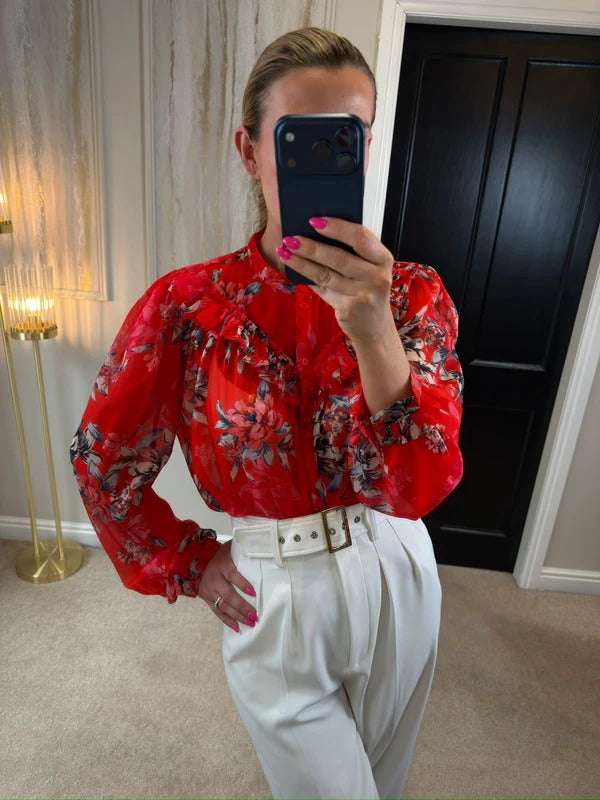 French Connection Red Sheer Floral Frill Blouse 10