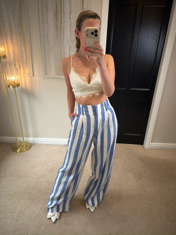 BNWT Boden Blue & White Stripe Wide Leg Linen Trousers 10R