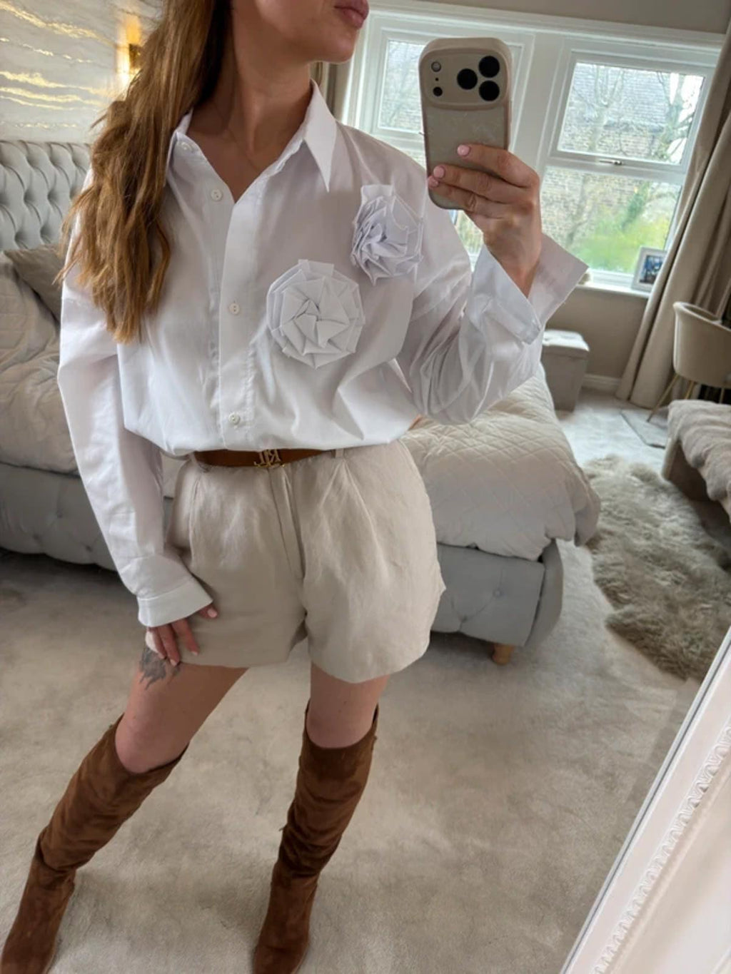 Manilla Oversized White 3D Flower Shirt One Size