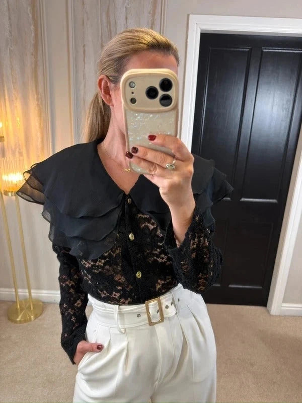 Vintage Linea G Black Lace Frill Blouse 8