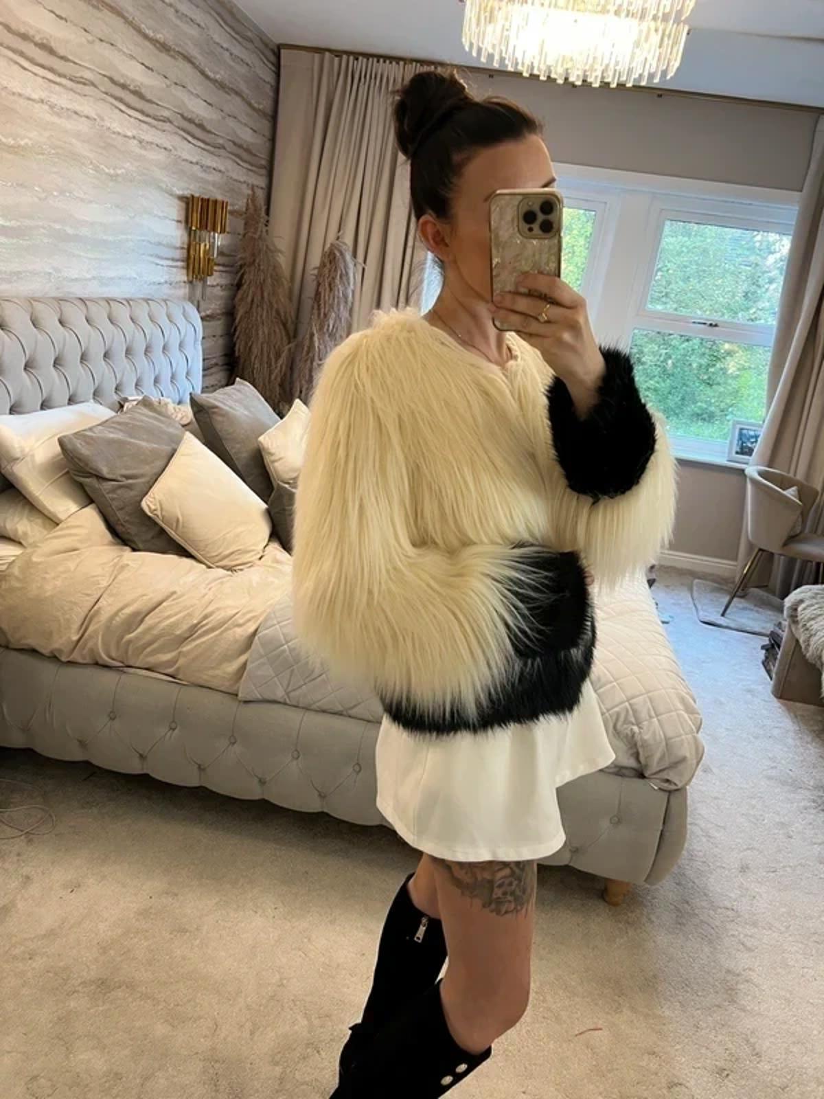 BNWT Unreal Fur Australia Cream & Black Faux Fur Coat Medium