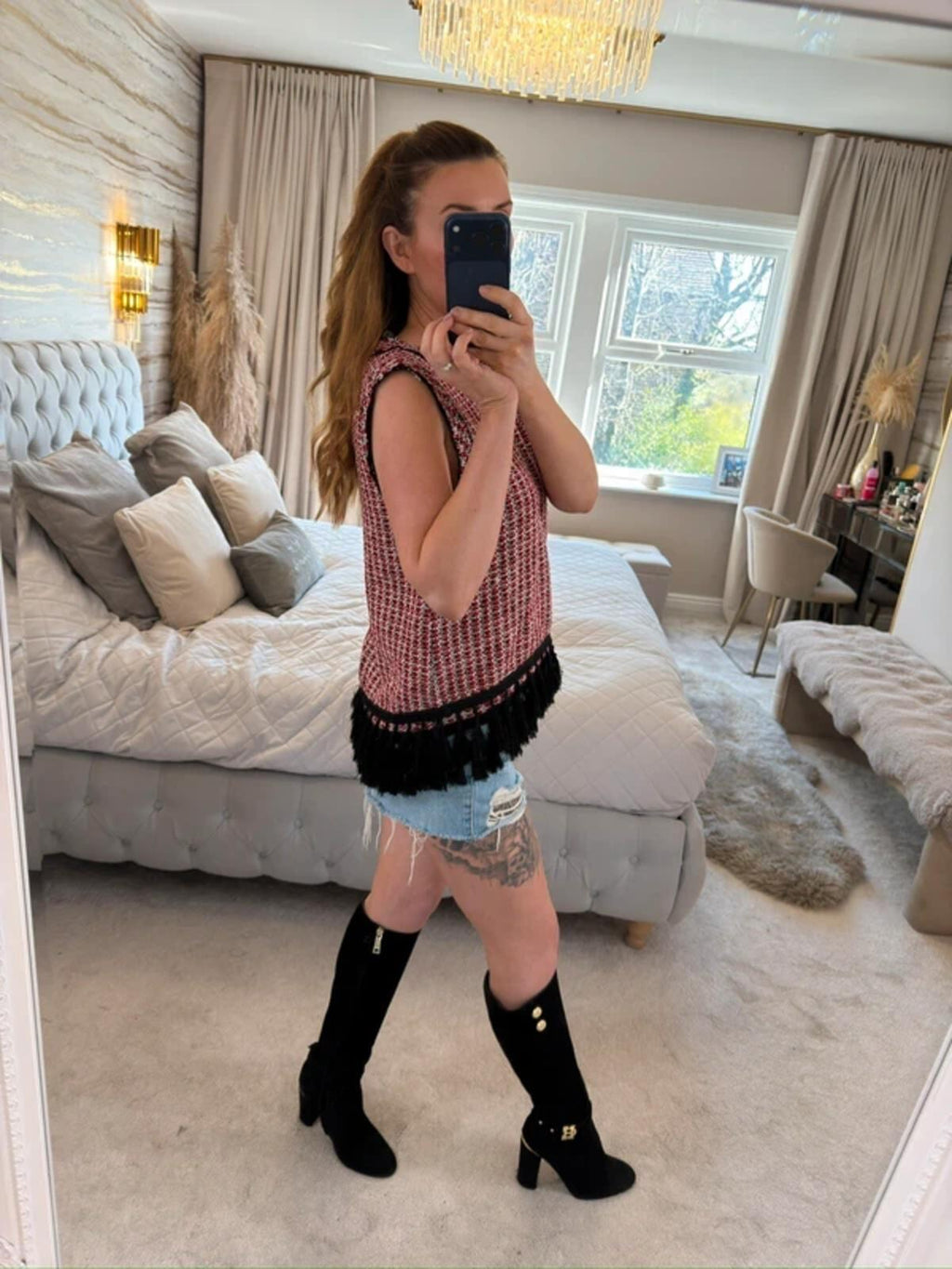 Zara Red Tweed Fringe Blouse Small