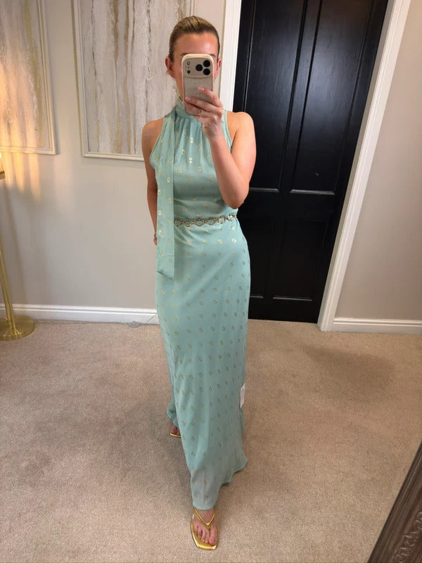 BNWT Jodie Moi Mint Green & Gold Tie Neck Maxi 10