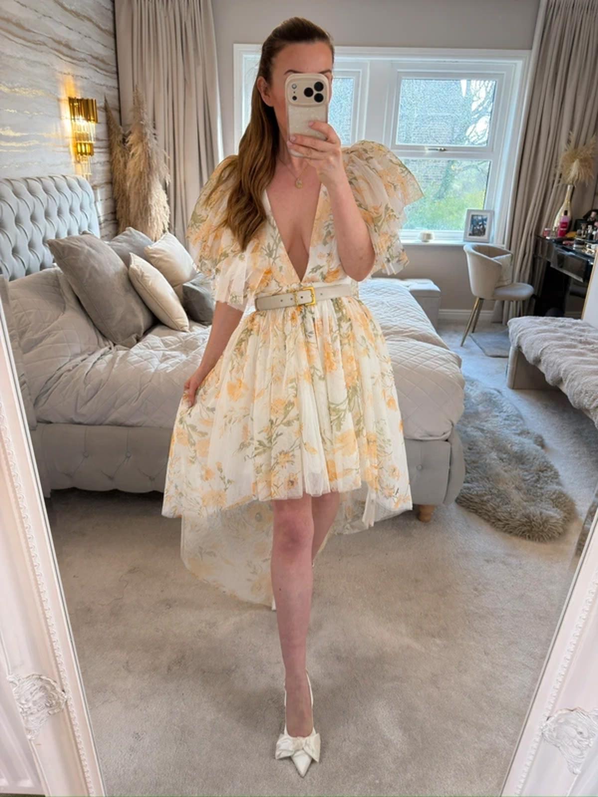 River Island Luxe Yellow Floral Tulle Dip Hem Dress 12