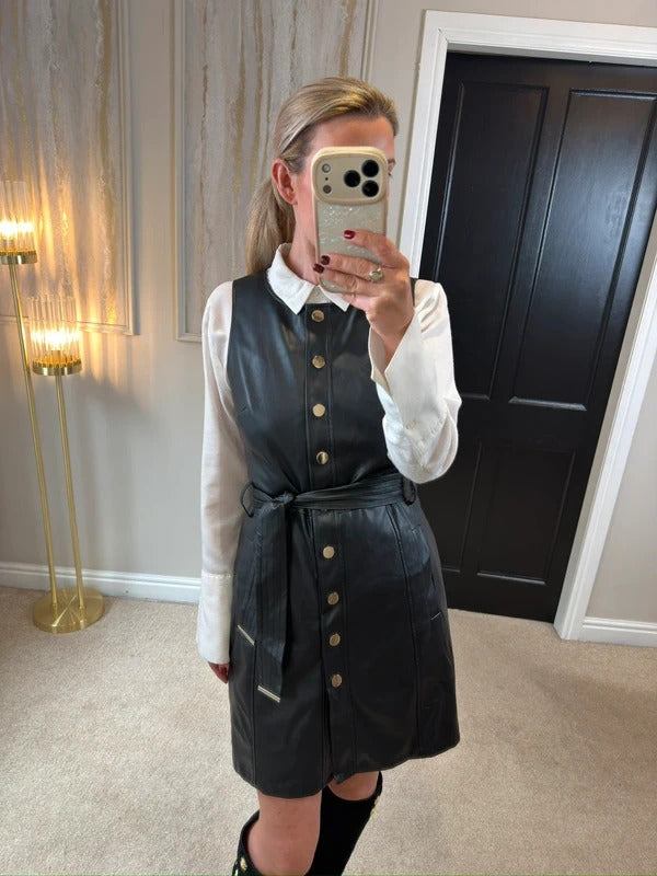 F&F Black Faux Leather Belted Dress 10