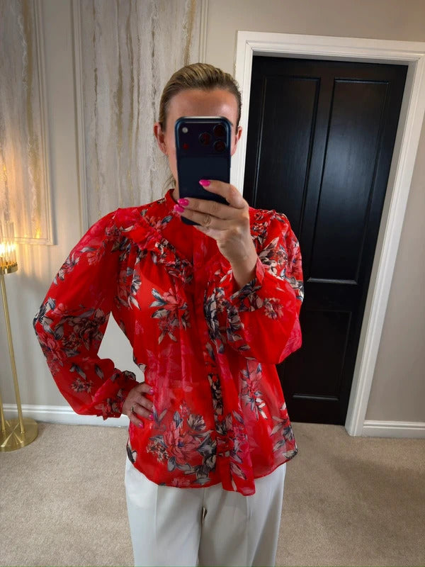 French Connection Red Sheer Floral Frill Blouse 10