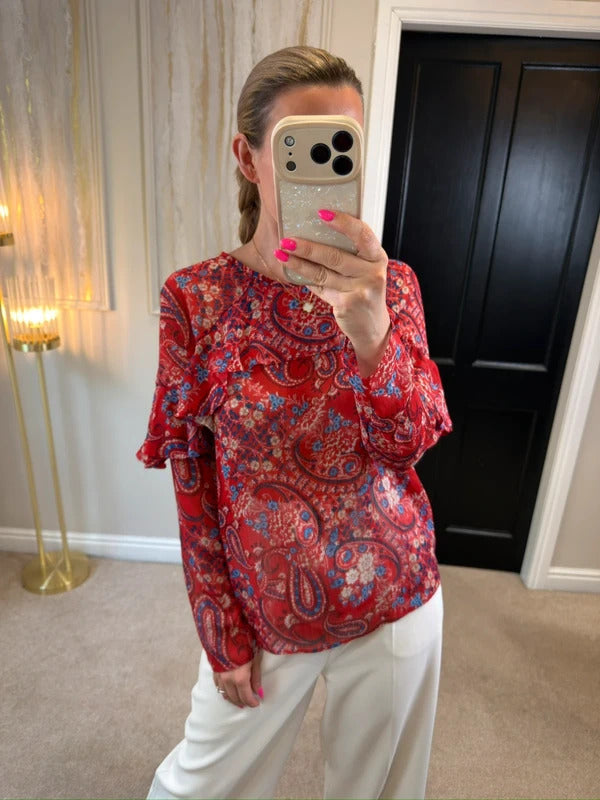Papaya Red & Blue Sheer Paisley Frill Blouse 10