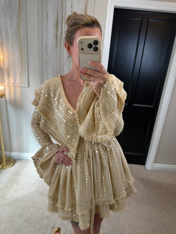 Gypsabella Beige / Gold Portia Boho Embellished Dress Small