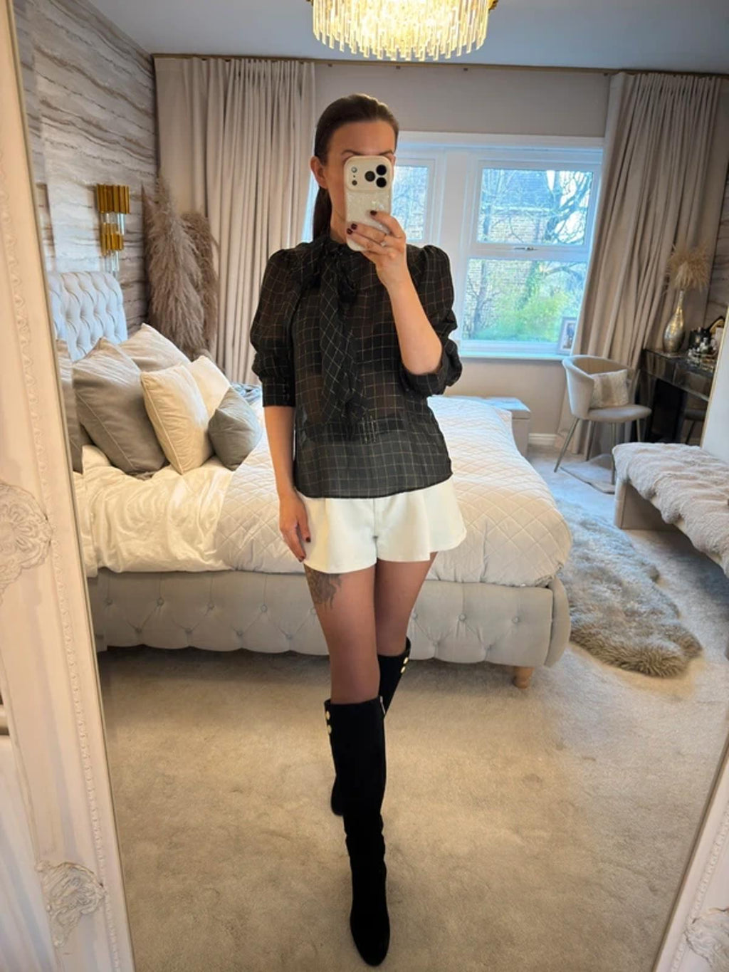 H&M Vintage Sheer Black & Gold Pussy Bow Blouse 10