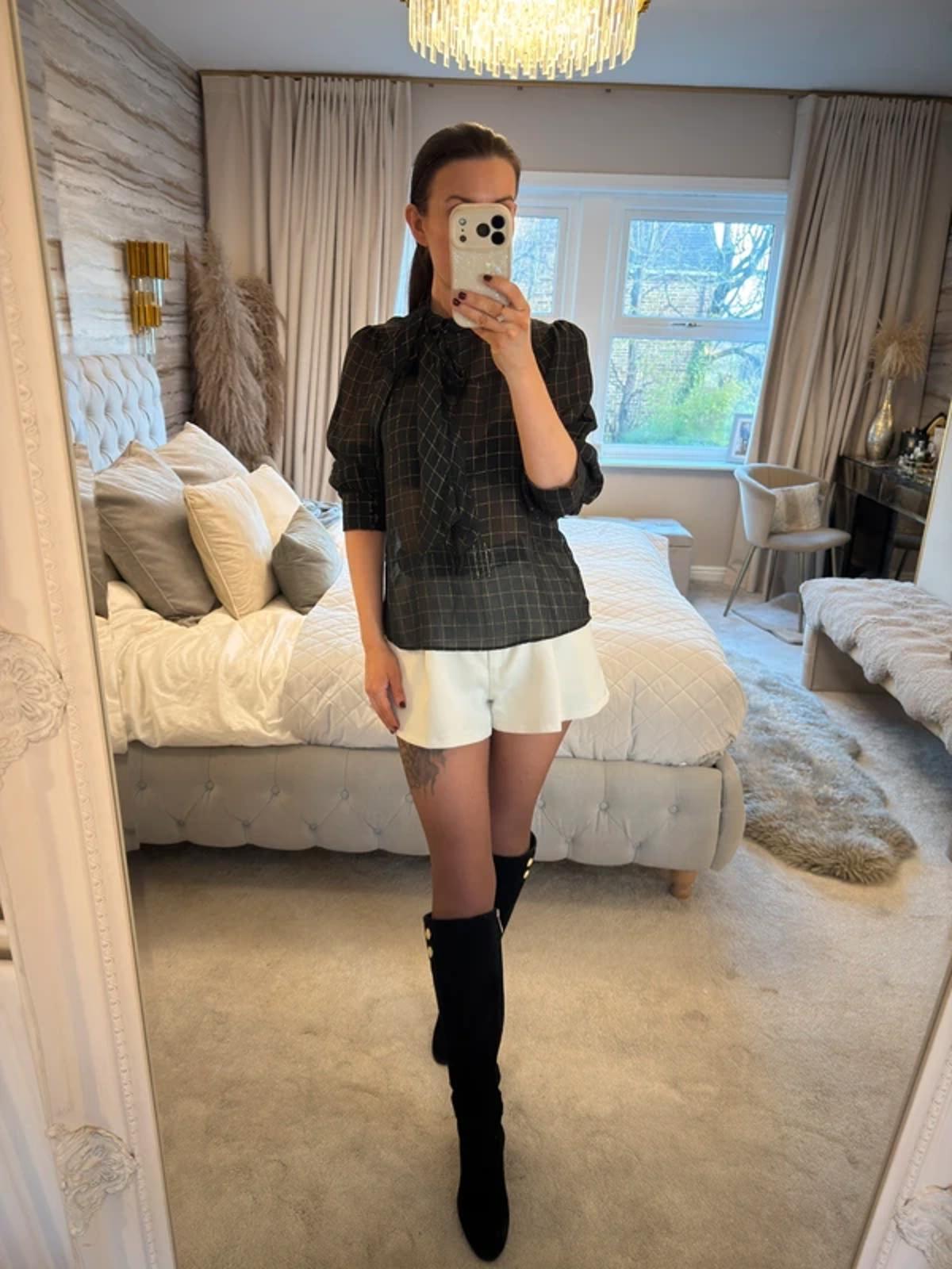H&M Vintage Sheer Black & Gold Pussy Bow Blouse 10