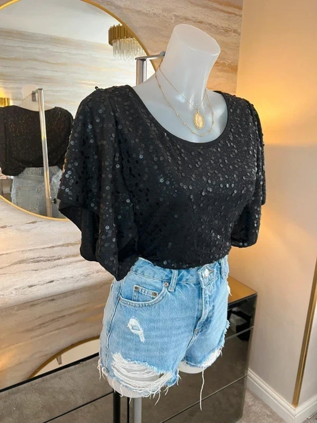Eci New York Black Sequin Blouse Large