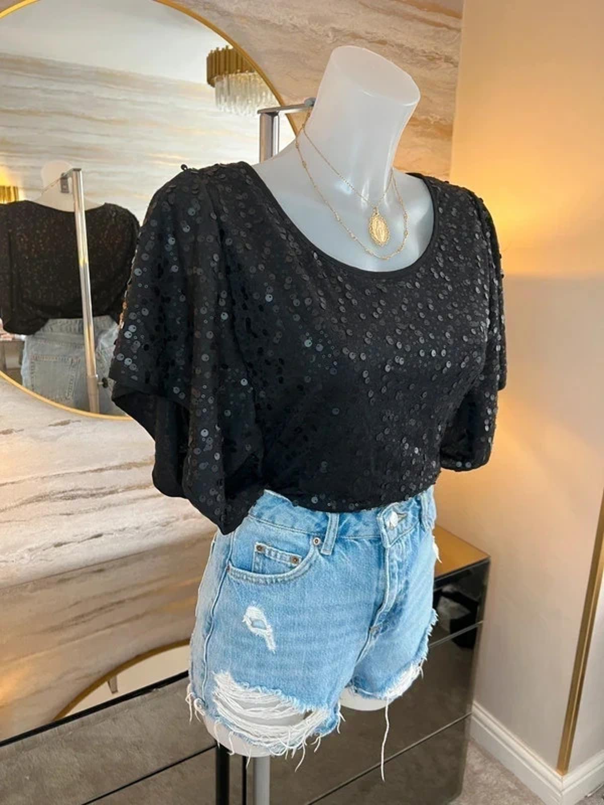 Eci New York Black Sequin Blouse Large