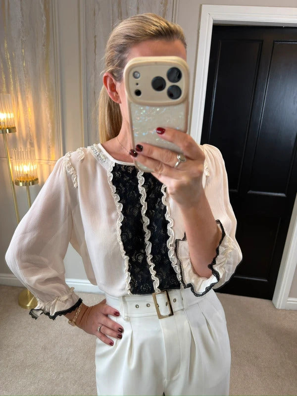 River Island Cream & Black Lace Frill Embellished Blouse 14