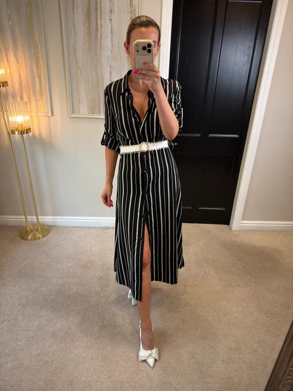 Riani Black & White Striped Shirt Dress Short Sleeve Size 10