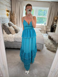 Golden Days Teal Blue & White Polka Dot Tiered Maxi Dress 8