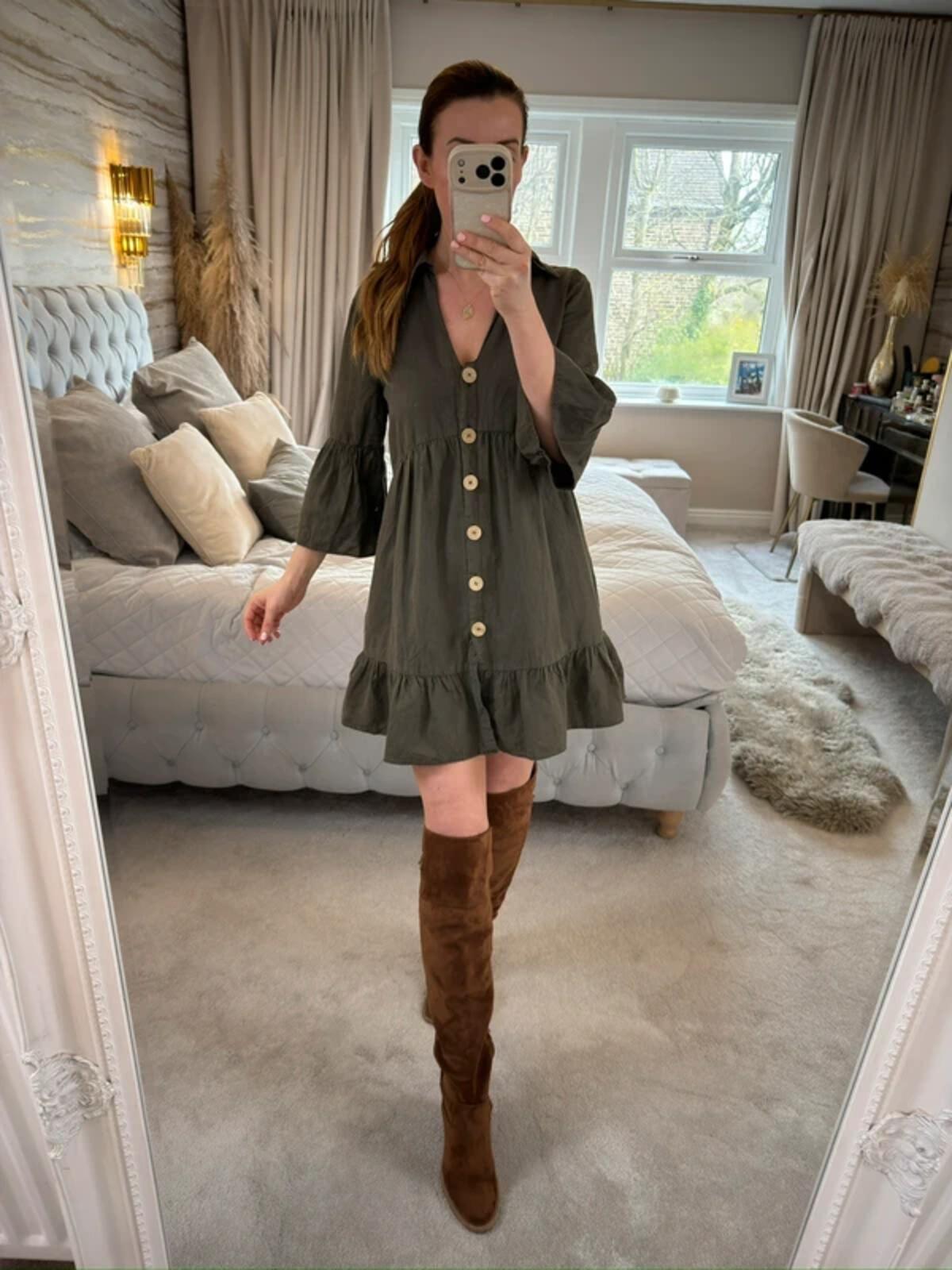 Zara Khaki Linen Blend Boho Shirt Dress Small
