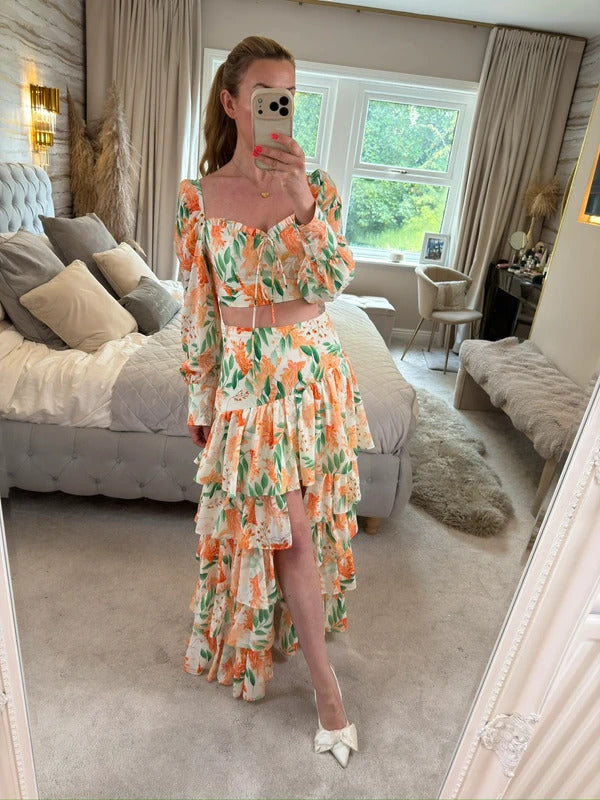 Moocci White & Orange Floral Tiered Skirt Co Ord Small